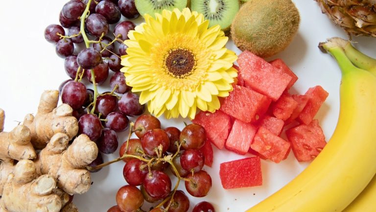 Fruit Raspberries Kiwi Watermelon Flowers Ginger Bananas Pineapple Flatlay
